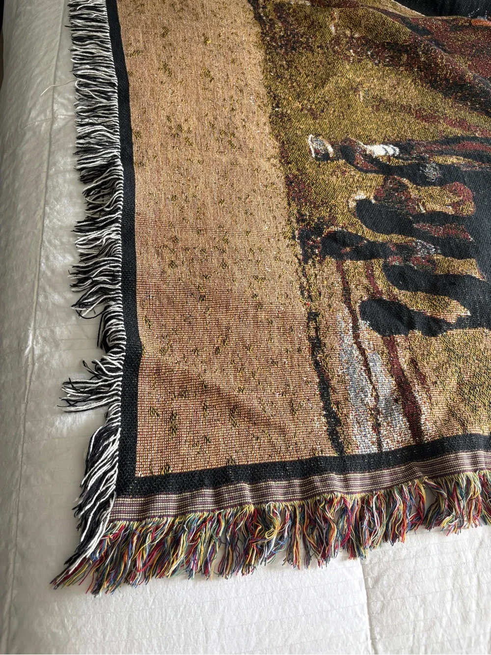 Vintage 90’s Horse Track Racing Jockeys Equestrian Throw Blanket Fringe Ends